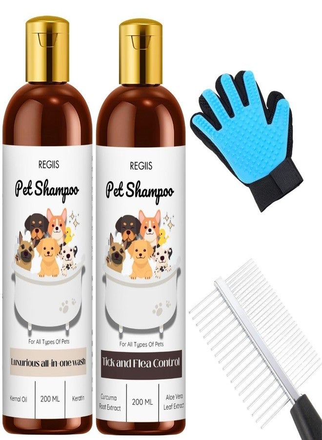 مجموعة شامبو الحيوانات الأليفة من ريجيس مع أدوات العناية، ومكافحة القراد والبراغيث، وغسول فاخر شامل، زجاجات سعة 200 مل، تتضمن قفازًا لإزالة الشعر الزائد ومشطًا (عبوة من 4 قطع). - Image 1